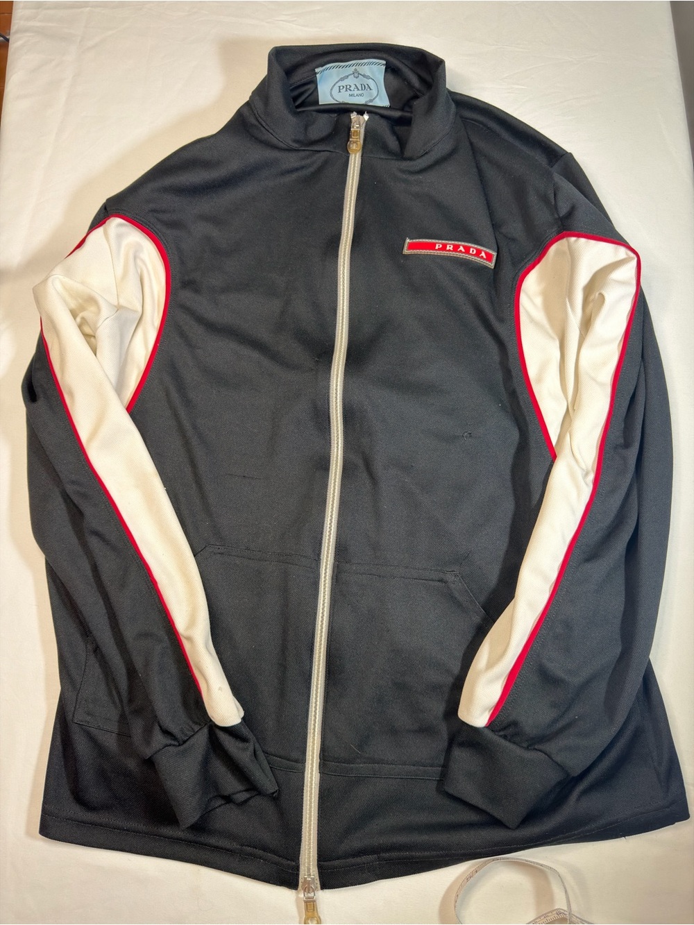Vintage Prada Black Track Jacket with White Sleeves and Red Piping